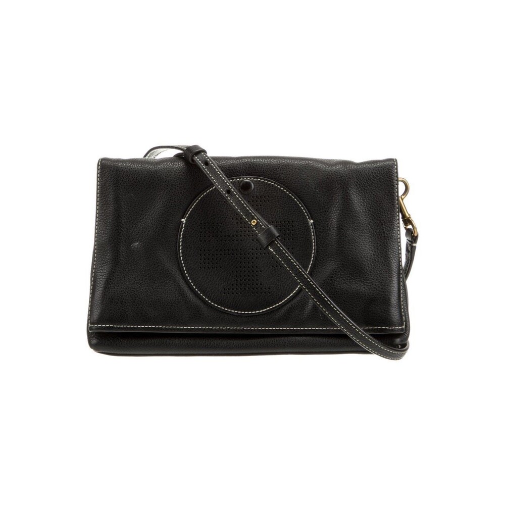 Tory Burch Perforated Logo Pebbled Leather Fold Over Magnetic Snap Crossbody